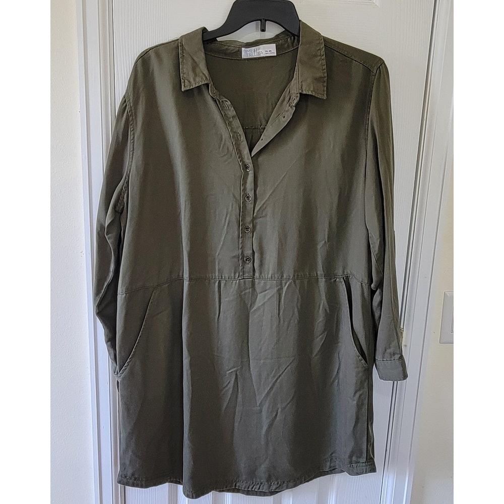 Shirt Dress Size XXL Sea Turtle Green Popover Roll Tab Sleeve Pockets Lyocell